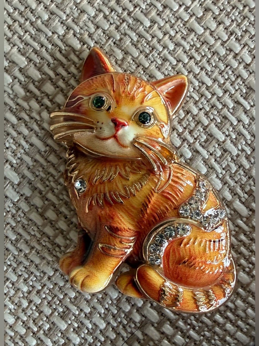 Orange Cat Enamel Brooch with Rhinestones and Green Eyes
